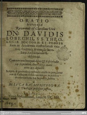Oratio memoriae Davidis Lobechii ...