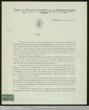 Vor Jahresfrist erlaubte sich der unterzeichnete Ausschuss des Vereins ... für das in Dresden zu errichtende Lese-Museums ... die Anfrage zu richten, ob es nicht möglich sein, den wertvollen ... Lesestoff ... in ausgedehnter Weise nutzbar zu machen, ...