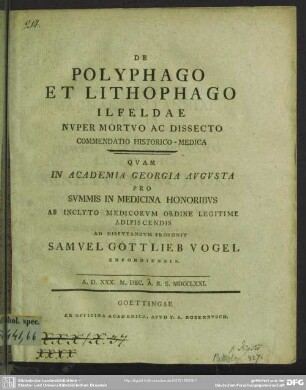 De Polyphago Et Lithophago Ilfeldae Nuper Mortuo Ac Dissecto Commendatio Historico-Medica