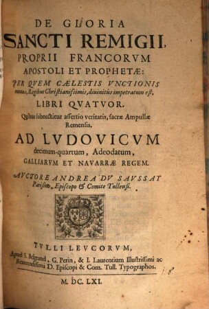 De gloria Sancti Remigii proprii Francorum Apostoli et Prophetae