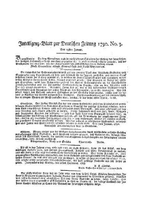 Intelligenz-Blatt zur Deutschen Zeitung 1790. No. 3