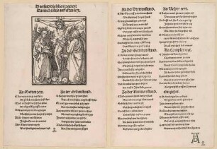 Christus am Kreuz mit Maria und Johannes (Andachtsflugblatt mit Gedichten für die sieben Betstunden des Tages)
