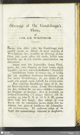 Öfversigt af Ön Guadeloupe's Flora; af Joh. Em. Wikström