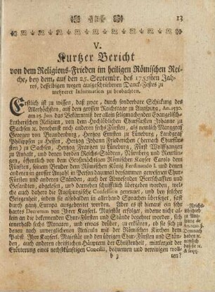 V. Kurtzer Bericht von dem Religions-Frieden im heiligen Römischen Reiche, ...