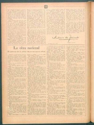 La obra nacional : El porvenir de la patria está en sus manos, señora