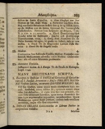 283-288, Manu Breitanavii Scripta. - Notis Manuscriptis A Breitenavio Aucta.