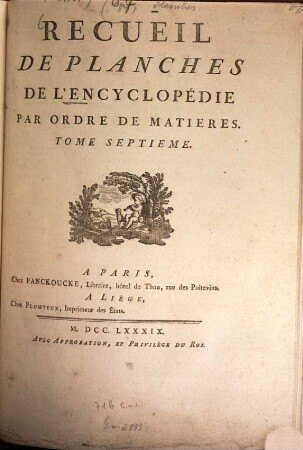 Encyclopédie Méthodique, Ou Par Ordre De Matieres : Par Une Société De Gens De Lettres, De Savants Et D'Artistes ; Précédée d'un Vocabulaire universel, servant de Table pour tout l'Ouvrage, ornée des Portraits de MM. Diderot et D'Alembert, premiers Éditeurs de l'Encyclopédie, [8,a],7. Recueil De Planches De L'Encyclopédie, Par Ordre De Matières ; T. 7 : [Arts et métiers mécaniques]