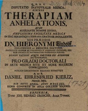 Disputatio Inavgvralis Medica, Sistens Therapiam Anhelationis