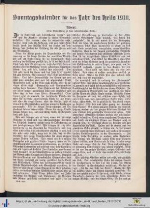 Sonntagskalender für das Jahr des Heils 1910.