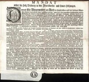 Mandat wider die Holz-Dieberey in den Israelsdorfer- und Lauer-Hölzungen : Actum et decretum in Senatu, d. 1. Febr. 1771.