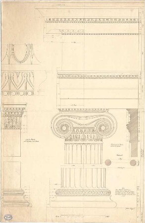 Lange, Ludwig; Lange - Archiv: I.3 Griechisch-römischer Stil - Kapitelle, Säule u. Eierstab - Ornamentik (Ansicht, Schnitt, Details)