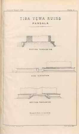 Plate "J". Tisa-Vewa Ruins. Pansala. Section through AB. Side elevation. Section through CD