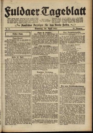 Erste Ausgabe vom Samstag, den 30. April 1921.