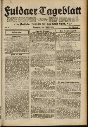 Erste Ausgabe vom Samstag, den 30. April 1921.