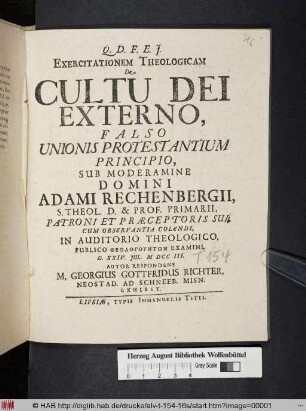 Exercitationem Theologicam De Cultu Dei Externo, Falso Unionis Protestantium Principio