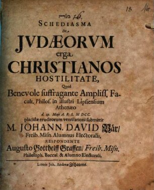 Schediasma De Jvdæorvm erga Christianos Hostilitate