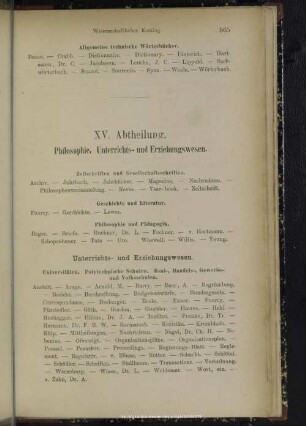 XV. Abtheilung. Philosophie, Unterrichts- und Erziehungswesen