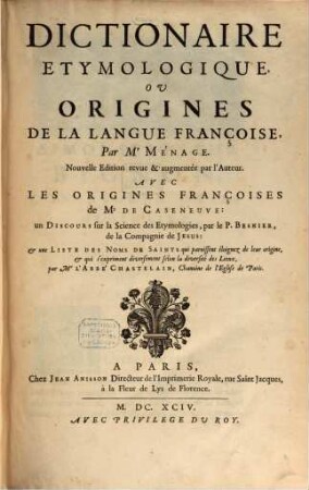Dictionnaire Etymologique Ou Origines De La Langue Françoise
