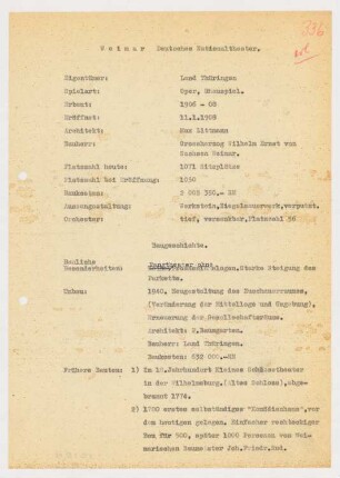 Hoftheater, Weimar: Schriftstück zum Fragebogen für das Handbuch »Das Deutsche Theater«, zwei Seiten