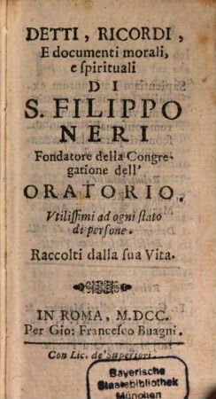 Detti e documenti morali di S. Filippo Neri