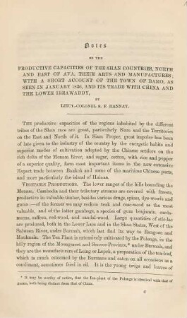 Notes on the productive capacities of the Shan countries, North and East of Ava ...
