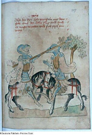 Keie schlägt Parcival mit der Lanze an den Kopf, Blatt 207r