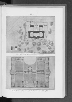 Fig. 2. Grundriss der Zentralanstalt mit Oekonomie vor 1870. Fig. 3. Planskizze des Erdgeschosses der Zentraleinheit vor der Ausführung 1865.