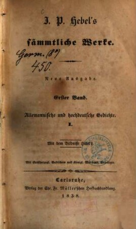 J. P. Hebels sämmtliche Werke. 1, Allemannische und hochdeutsche Gedichte ; 1