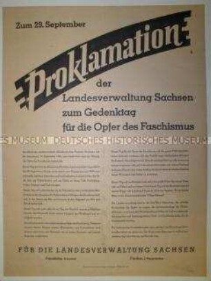 Maueranschlag mit Proklamation der Landesverwaltung Sachsen zum Gedenktag für die Opfer des Faschismus