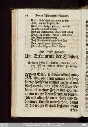 Die sechts Andacht. Um Erkenntnis der Sünden.