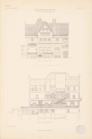 Haus G. Haase, Breslau: Gartenansicht, Längsschnitt (aus: Atlas zur Zeitschrift für Bauwesen, hrsg. v. Ministerium der öffentlichen Arbeiten, Jg. 52, 1902)
