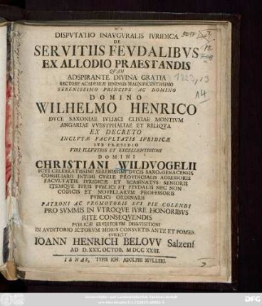 Dispvtatio Inavgvralis Ivridica De Servitiis Fevdalibvs Ex Allodio Praestandis
