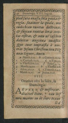 VIII. Oratiun sün la saira, la Dumengia.