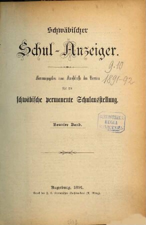 Schwäbischer Schulanzeiger : amtliches Mitteilungsblatt der Regierung von Schwaben. 9. 1891