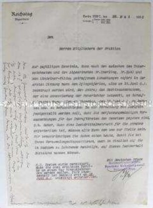 Maschinenschriftliches Rundschreiben der NSDAP-Reichstagsfraktion über Termine und Themen der bevorstehenden Reichstagssitzungen