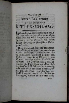 Vorläuffige kurze Erklärung des hie beygesezten Ritterschlags.