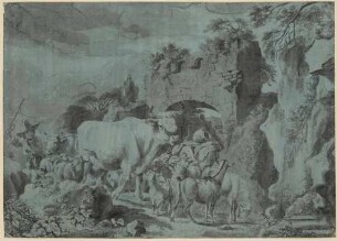Viehherde und Hirte an einer Torruine