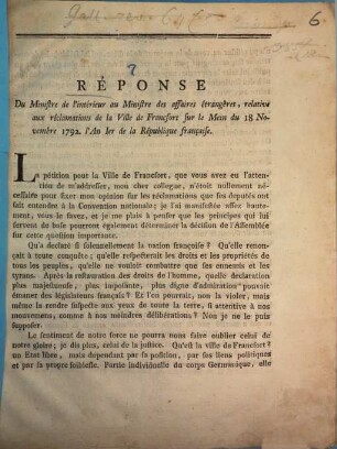 Réponse Du Ministre de l'intérieur au Ministre des affaires étrangères, relative aux réclamations de la Ville de Francfort sur le Mein du 18 Novembre 1792. l'An Ier de la République française