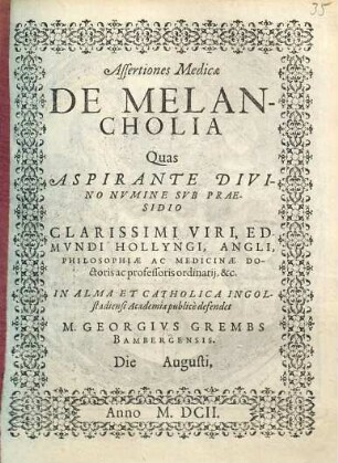 Assertiones Medicae De Melancholia