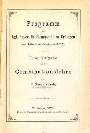 Eine Aufgabe aus der Combinationslehre