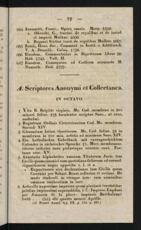 77-92, A. Scriptores Anonymi et Collectanea. In Octavo - B. Fontes Juris etc. In Octavo