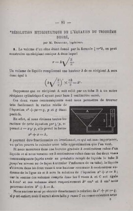 RÉSOLUTION HYDROSTATIQUE DE L'ÉQUATION DU TROISIÈME DEGRÉ.