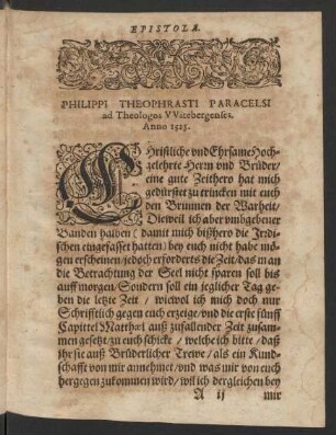 Epistola. Philippi Theophrasti Paracelsi
