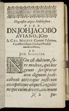 Magnifico atque Nobilissimo Viro Dn. Joh. Jacobo Aviano [...]