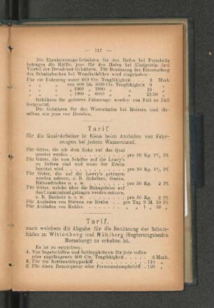 Tarif, nach welchem die Abgabe für die Benützung der Schutzhäfen zu Wittenberg und Mühlberg (Regierungsbezirk Merseburg) zu erheben ist.