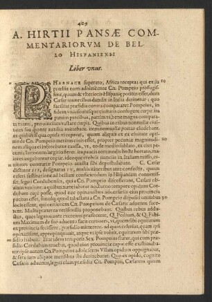 A. Hirtii Pansae Commentariorum De Bello Hispaniensi Liber unus.