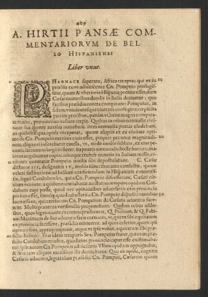 A. Hirtii Pansae Commentariorum De Bello Hispaniensi Liber unus.