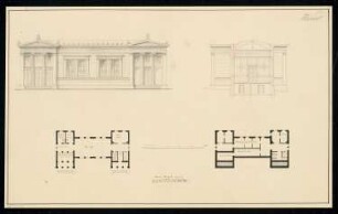 Singakademie Monatskonkurrenz März 1835: Grundriss Untergeschoss, Erdgeschoss, Aufriss Vorderansicht, Querschnitt; Maßstabsleiste