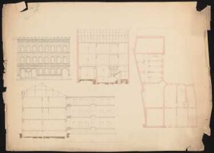 Dreigeschossiges Wohnhaus mit achtachsiger Straßenfront: Vorderansicht, Grundriss Souterrain, Schnitte