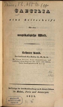 Caecilia  : eine Zeitschrift für die musikalische Welt. 10 = H. 37 - 40. 1829
